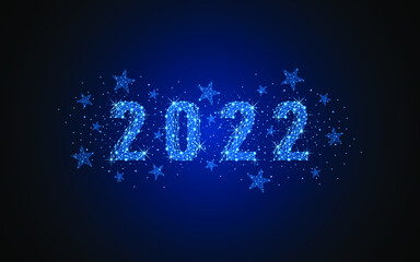 Happy New Year 2022 with many stars around. Digital low poly wireframe style design with connection points. vector illustration
