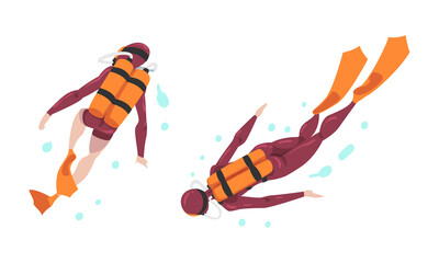 Scuba Diving Man and Woman with Breathing Equipment and Flippers Diving Underwater Vector Set
