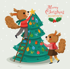 Merry Christmas and New year greeting card with squirrel characters and Christmas tree content.