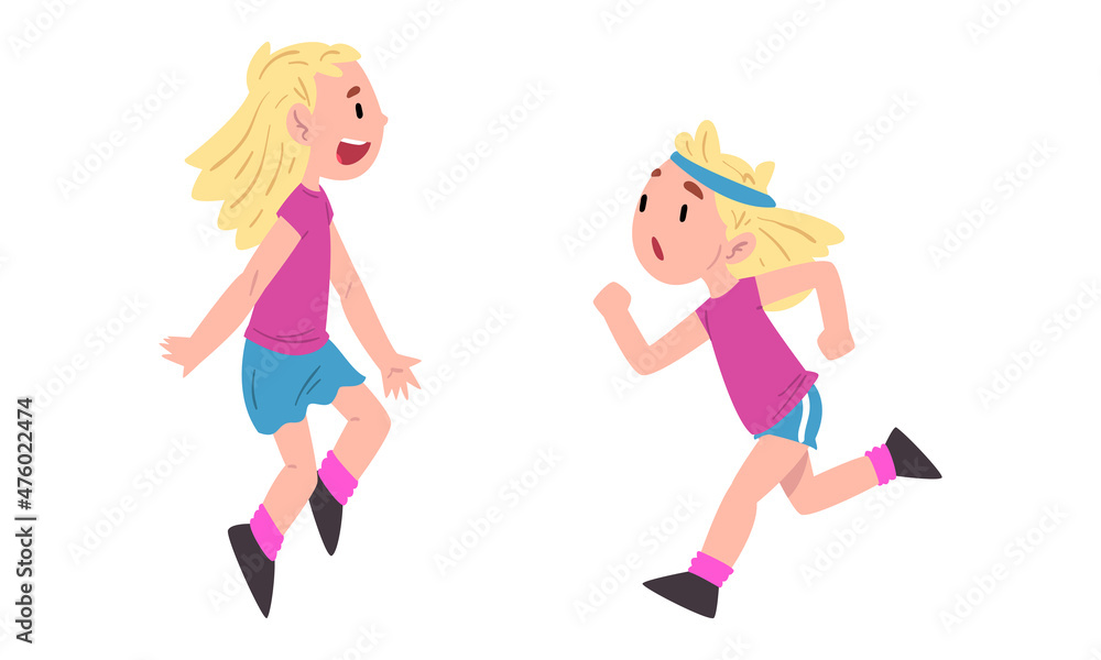 Poster Little Blond Girl Running and Jumping with Joy Vector Set