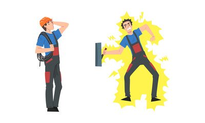 Man Electrician in Overall Fixing Electrical Wiring Received Electric Shock Vector Set