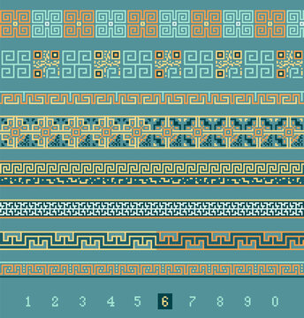Set of greek patterns with qr code icons, isolated on mint blue background. Seamless edges, matrix, pixel art, minimalistic style, simple geometry. Creative idea for id card, certificate, patent, web
