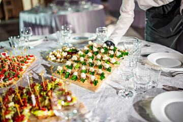 waiter holds tray with canape. Restaurant service. buffet or catering.