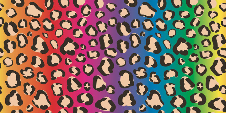 Rainbow seamless neon leopard print. Pride lgbt pattern background. Bright hippie design.