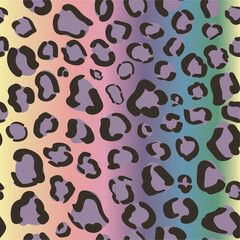 Pastel seamless rainbow leopard pattern. Vector cheetah print background. Hippie colorful paper