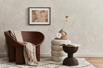 Minimalistic composition of elegnat living room with creative armchair, mock up poster frame, coffee table, pouf and stylish personal accessories. Copy space. Template..