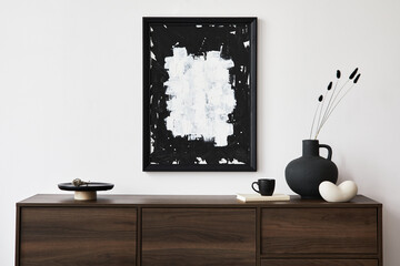 Minimalistic composition of creative living room interior with mock up poster frame and stylish...