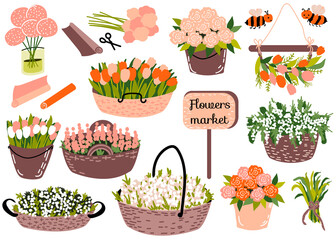 Set with buckets, baskets with different spring flowers: roses, tulips and other, wrapping paper. Wooden board with text Flowers market. Cute bees. Vector illustration