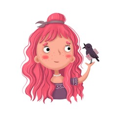 Cute cartoon girl with pink hair holds a bird with Valentine in her hand