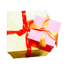 Gold and red gift boxes with ribbons on isolated background