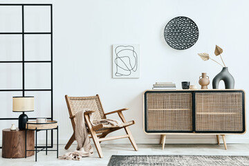 Fototapeta Stylish scandinavian living room interior of modern apartment with wooden commode, design armchair, carpet, abstract paintings on the wall and personal accessories in unique home decor. Template. obraz