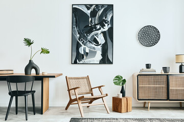 Stylish scandinavian living room interior of modern apartment with wooden commode, design table,...