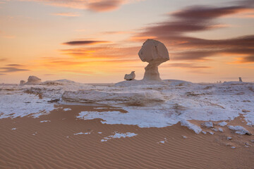 Limestone rocks in the White Desert at sunset. Egypt, mushroom rocks in the desert.