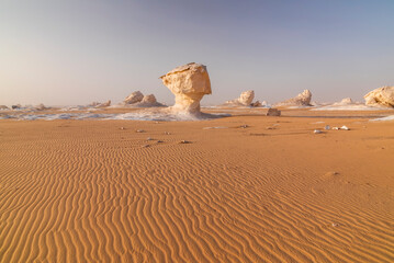 Limestone rocks in the White Desert at sunset. Egypt, mushroom rocks in the desert.