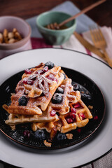 Waffels, fruits, freshly made, blackberry, pomegranate