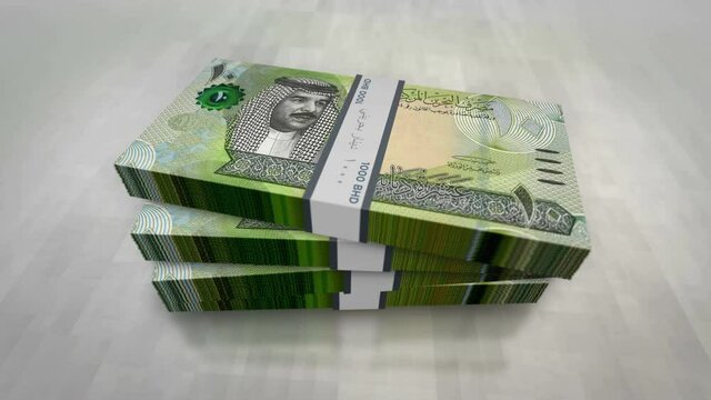 Bahrain Dinar money pile pack. Concept background of economy, banking, business, crisis, recession, debt and finance. 10 BHD banknotes stacks 3d animation.