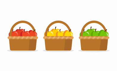 Different apples in wicker basket isolated on white background. Red, yellow and green apples. Vector stock