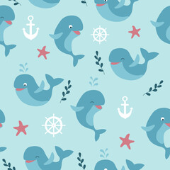 Seamless pattern of cute whales, starfish, anchor and helm blue background. Vector illustration