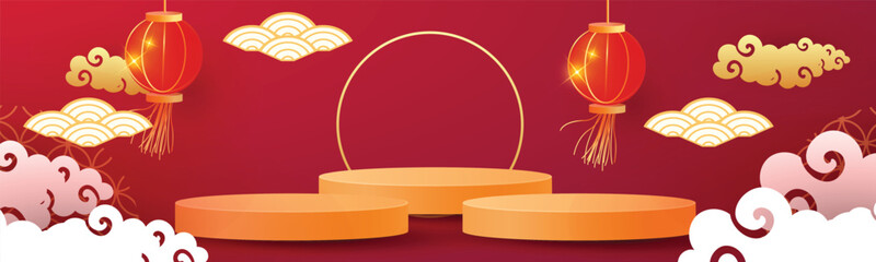 Podium round stage podium and paper art Chinese new year, happy festival chinese tradition podium for beauty branding cosmetic or any product.Concept Shopping .