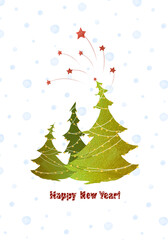 ready to print Christmas card with cute Christmas trees in the background of snow and fireworks wishing a happy new year
