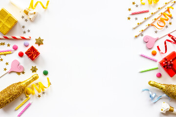 Confetti with party hats and balloons for kids birthday