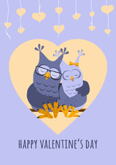 Two owls embrace. Owl-boy with glasses, owl-girl with a bow on her head. Valentine's Day greeting card. Illustration in cartoon style