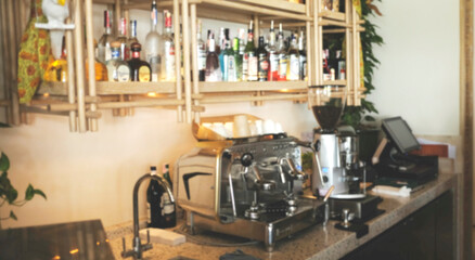 Blur beautiful brand new modern breakfast restaurant cafe coffee cocktail in town..