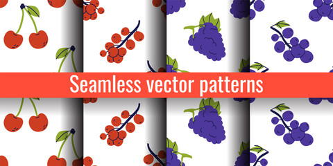 Cherry, currant and grape. Fruit seamless pattern bundle. Color illustration collection in hand-drawn style. Vector repeat background set