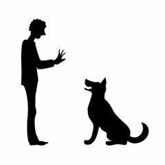 Man trains dog. Black vector image silhouette.
