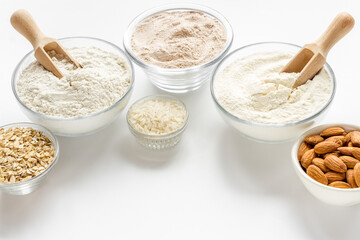 Gluten free flour for baking - nuts and grains flour in many bowls
