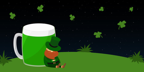 Leprechaun asleep leaning on mug of green beer. St. Patrick's Day. Vector illustration. - obrazy, fototapety, plakaty