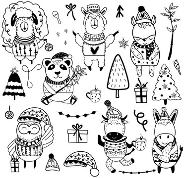Black and white Cute Christmas Animals, lama, hippo, panda, ram and Christmas elements. Cozy Cartoon character set. Nursery art. Scandinavian style. Vector illustration