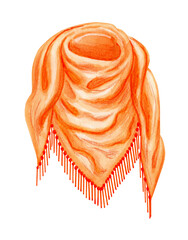 Warm watercolor scarf. Textile scarf with tassels. Neck protection for cold weather. Fashionable accessory. Autumn mood. Hand drawn illustration isolated on white background.