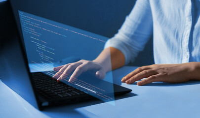 Software developer working at programming code script on virtual digital  screen.Development and...