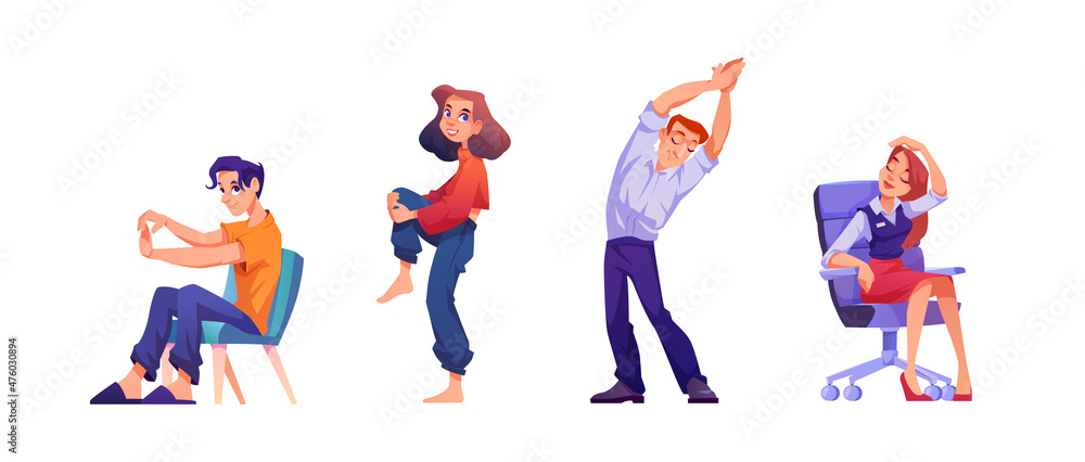 Poster people stretching and relaxing during break isolated flat cartoon characters. vector workers doing e