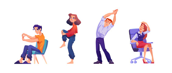 People stretching and relaxing during break isolated flat cartoon characters. Vector workers doing exercises to reduce stress and tiredness, standing and sitting on chair. Men women physical activity