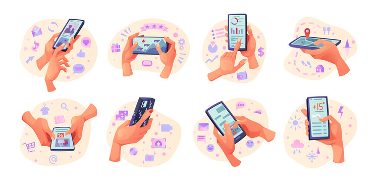 Hand holding smartphone and using apps cartoon set. Vector people hold phones with shopping, navigation, social media and finance, weather and chat application, playing games on digital device