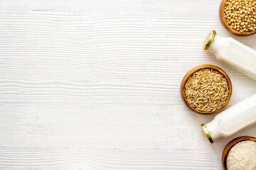 Set of non dairy substitute milk with almonds rice and oats