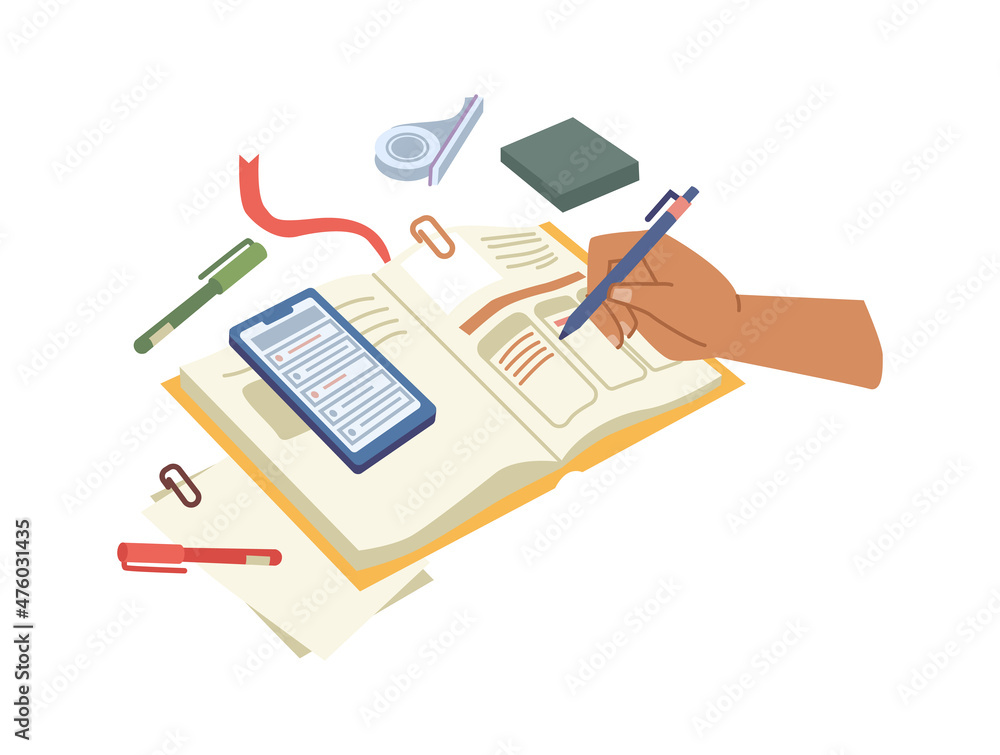 Poster Writing in notebook or diary, worker or student working on schedule or organizing or working tasks and projects. Smartphone with application and calendar, agenda and list to do, vector in flat