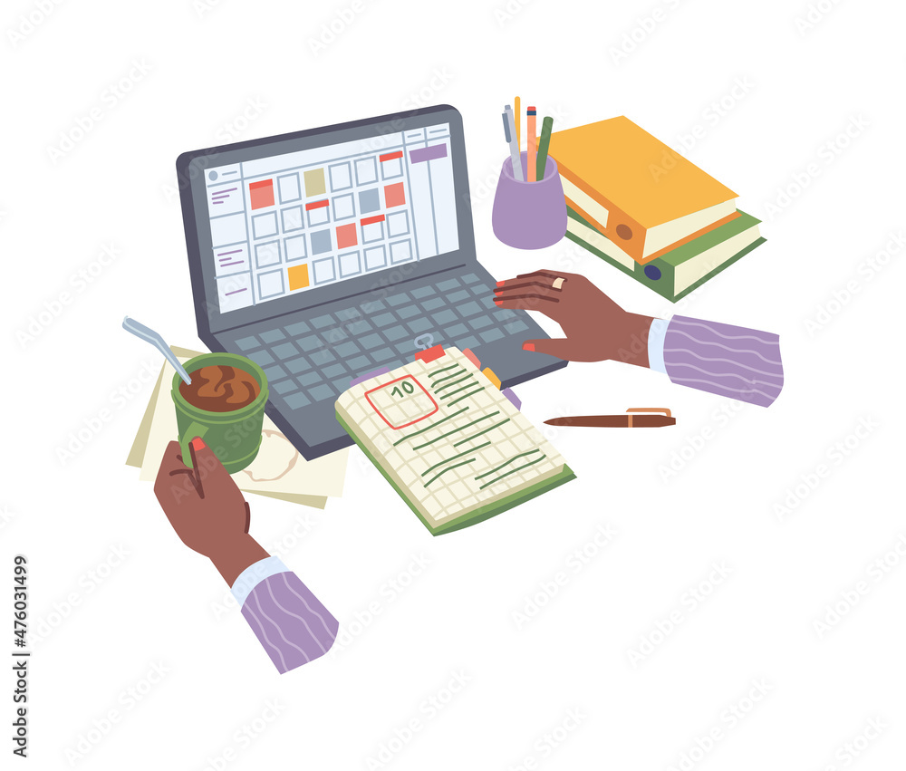 Poster Person working on computer and filling in journal or personal planner. Organization and management at work, distant worker with books, students studying online classes with cup of coffee, vector