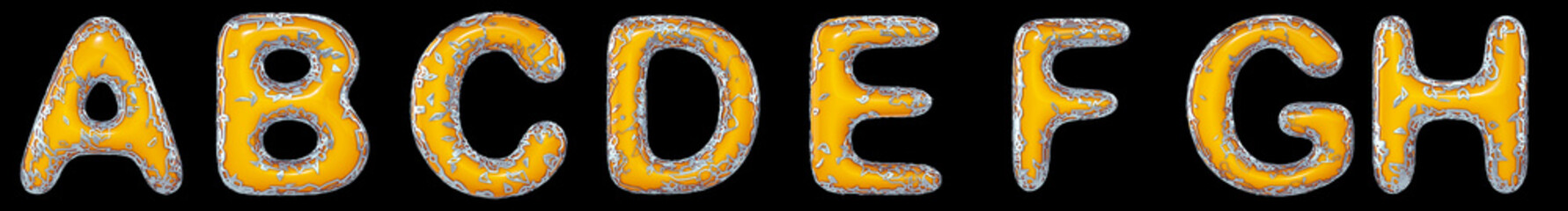 Realistic 3D letters set A, B, C, D, E, F, G, H made of gold shining metal letters.