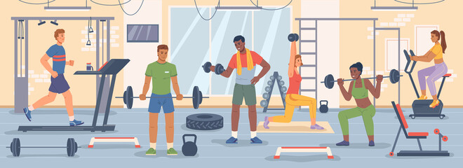 Exercising and keeping fit, people working out in gym using barbels and dumbbells, treadmill running track and bike. Fitness and bodybuilding, powerlifting and strengthening of body, vector in flat