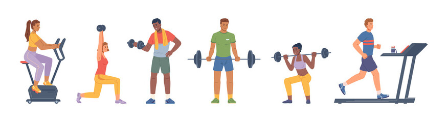 Fototapeta na wymiar People working out in gym using barbells and dumbbells, treadmill running track and bike. Keeping fit and leading active lifestyle. Bodybuilding and strengthening body with exercises. Vector in flat