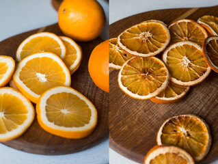 Fototapeta na wymiar oranges and dried oranges on a wooden board - collage. Fragrant citrus slices for decoration.