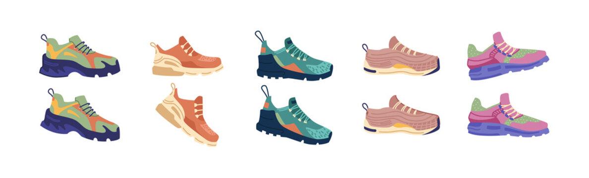 Modern and fashionable clothing for running and jogging, isolated pairs of shoes for training and fitness. Assortment in store or shop, rubber sneakers and trainers composition. Vector in flat