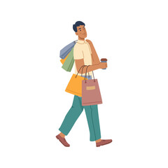 Shopping male person with package bags and coffee cup in hands isolated flat cartoon character personage. Vector smiling guy shopper, man on seasonal or Black Friday sale hold purchases in paper packs