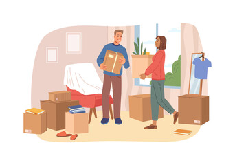 People relocating to new apartment flat cartoon illustration. Vector young couple unpacking furniture in living room. Man and woman cartoon characters packing belongings. House moving concept.