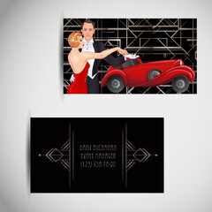 Beautiful couple in art deco style dancing tango. Retro fashion: glamour man and woman of twenties and red car. Vector illustration. Roaring Twenties. Classic automobile, luxury vintage concept