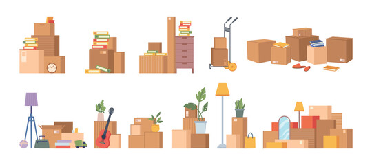 Packed cardboard boxes with personal stuff, plants, home decoration and furniture isolated flat cartoon set of pack with things. Vector relocation or moving in home or office, belongings in packages