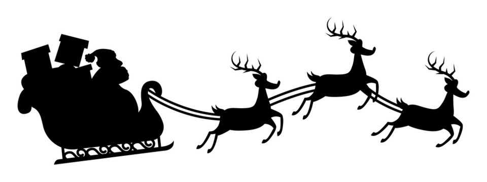 Santa Claus is flying in sleigh with Christmas reindeer.